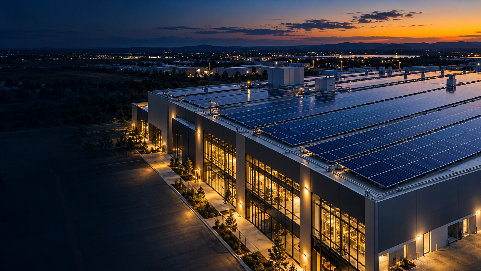 Installation de panneaux solaires sur la toiture d’une usine au crépuscule